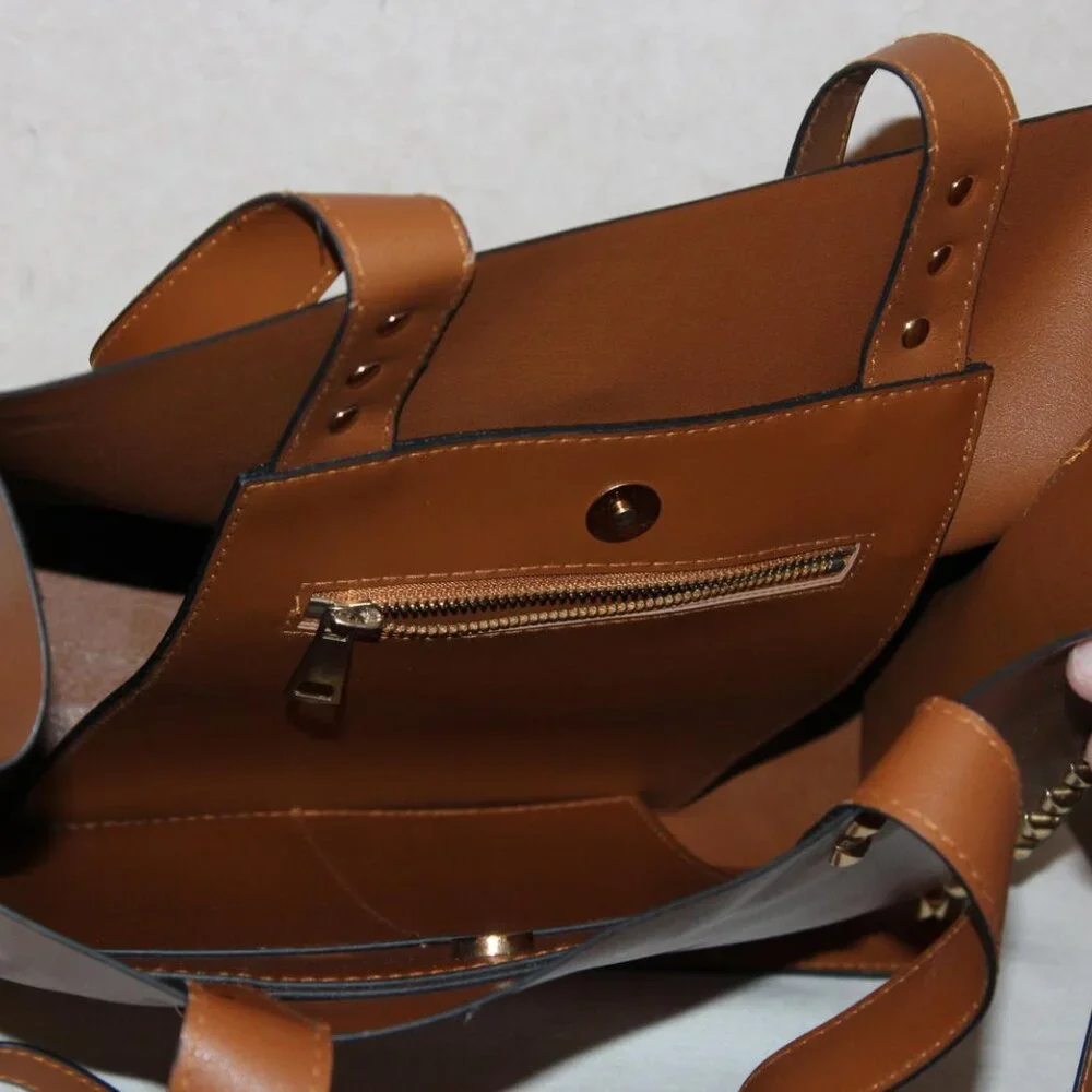 NEW Dasti Brown Cognac Studded Double Handled Tote Purse with Dust Bag - Picture 3 of 4